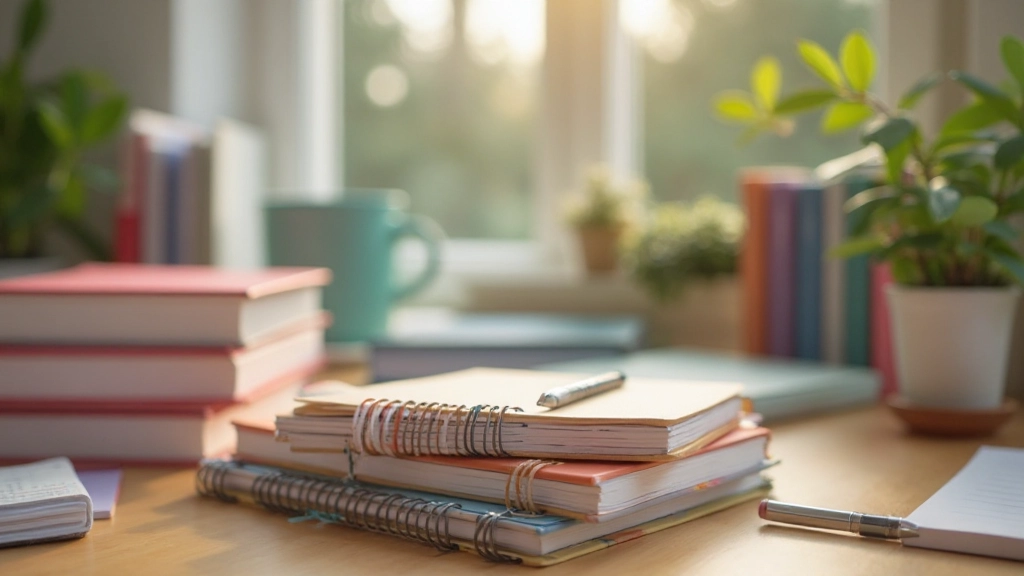 Tafel met verschillende gekleurde dagboeken en notitieblokken, symboliserend verschillende emotionele staten