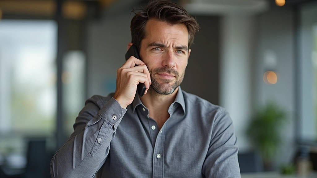 Persoon aan telefoon met zelfverzekerde, ontspannen houding en serieuze gezichtsuitdrukking in modern kantoor