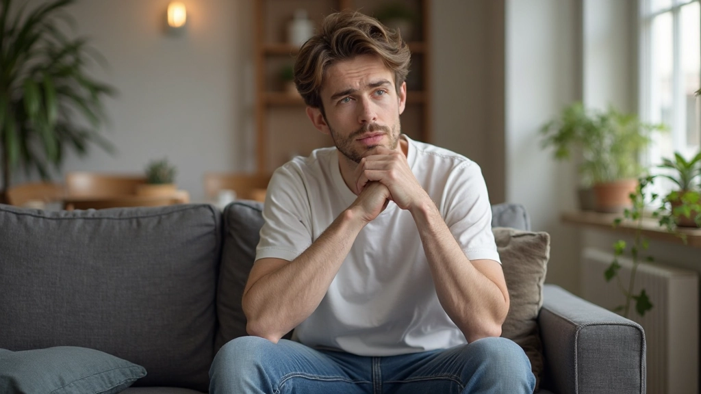 Persoon zittend op een bank in contemplatie, rustige huiselijke omgeving met natural light