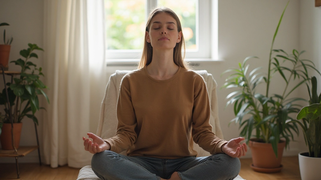 Persoon die meditatief op een stoel zit met gesloten ogen in een rustige kamer met natuurlijk licht