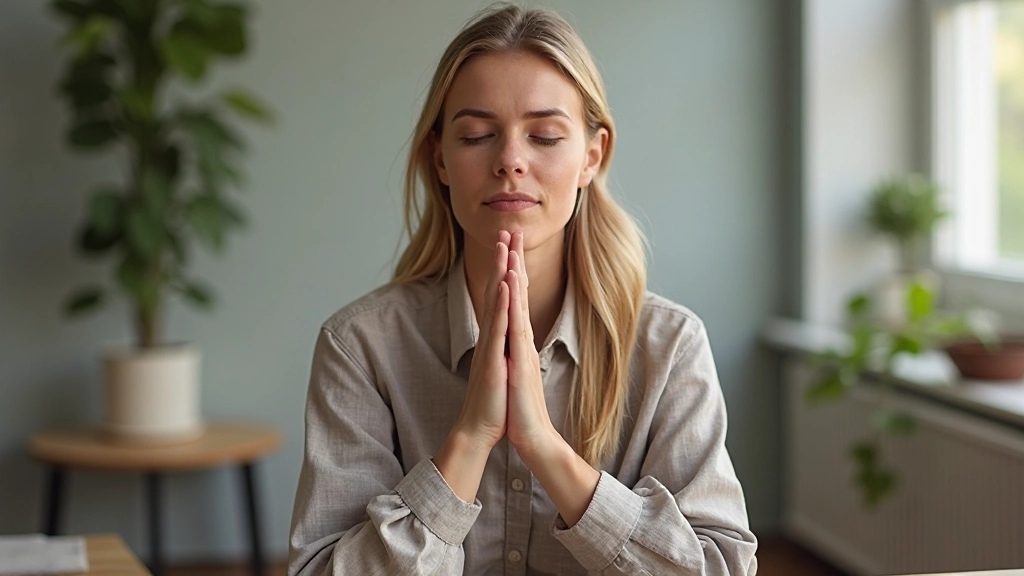 Iemand die in tellen ademt, zittend in een rustige werkplek met een klok op de achtergrond