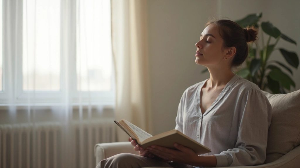Persoon zit rustig met gesloten ogen en houdt een dagboek vast in een lichte, vredige ruimte