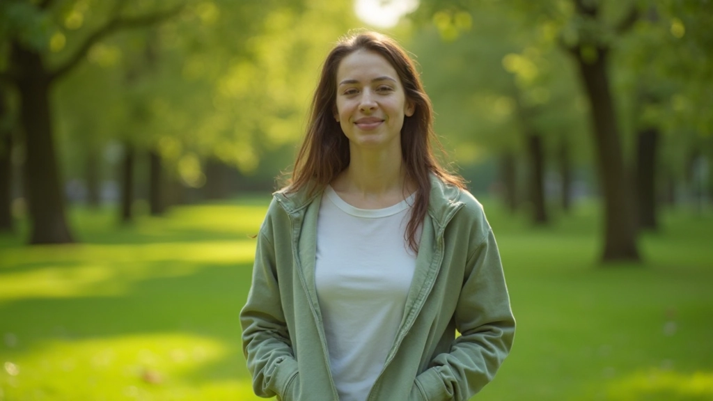 Persoon die buiten loopt in groen park met vredige uitdrukking op gezicht