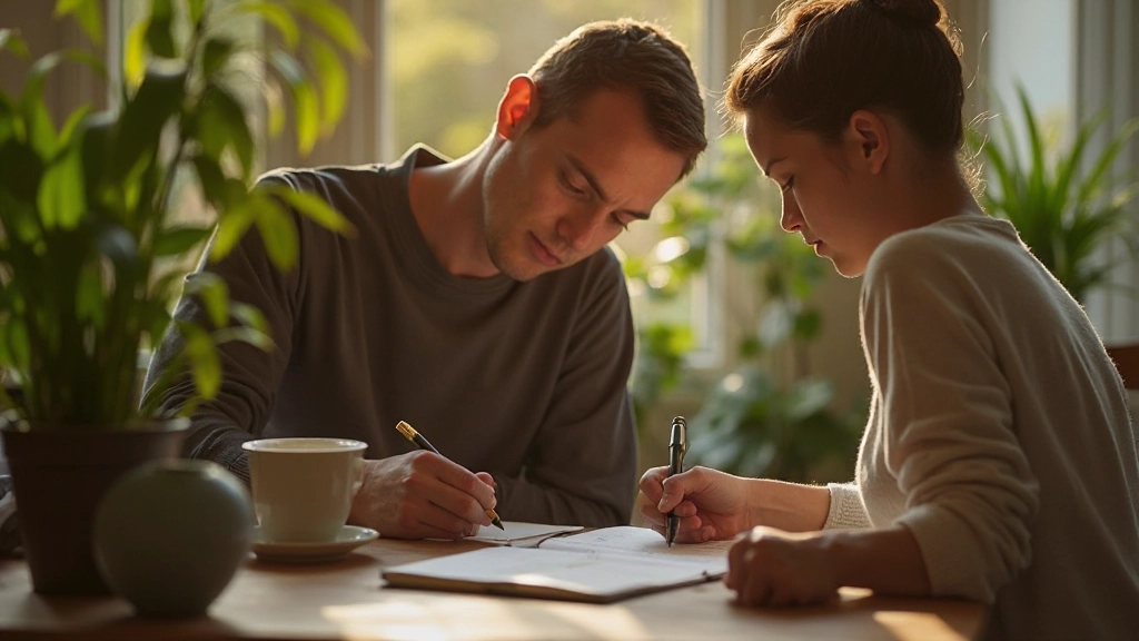 Persoon die een dagboek schrijft aan een tafel met een kopje thee en planten op de achtergrond