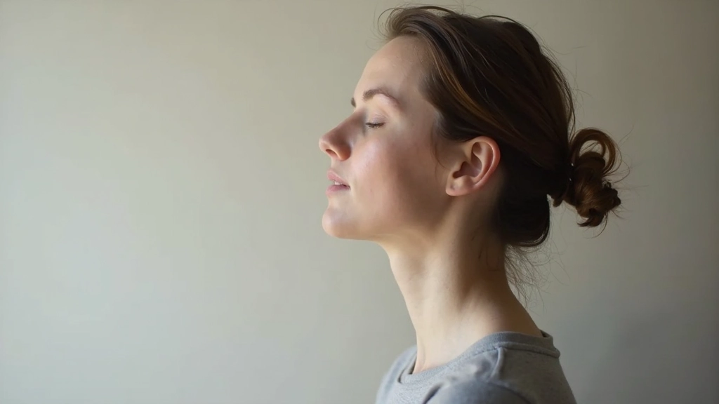 Persoon in profiel die ademt door de neus, serene gezichtsuitdrukking, minimale achtergrond