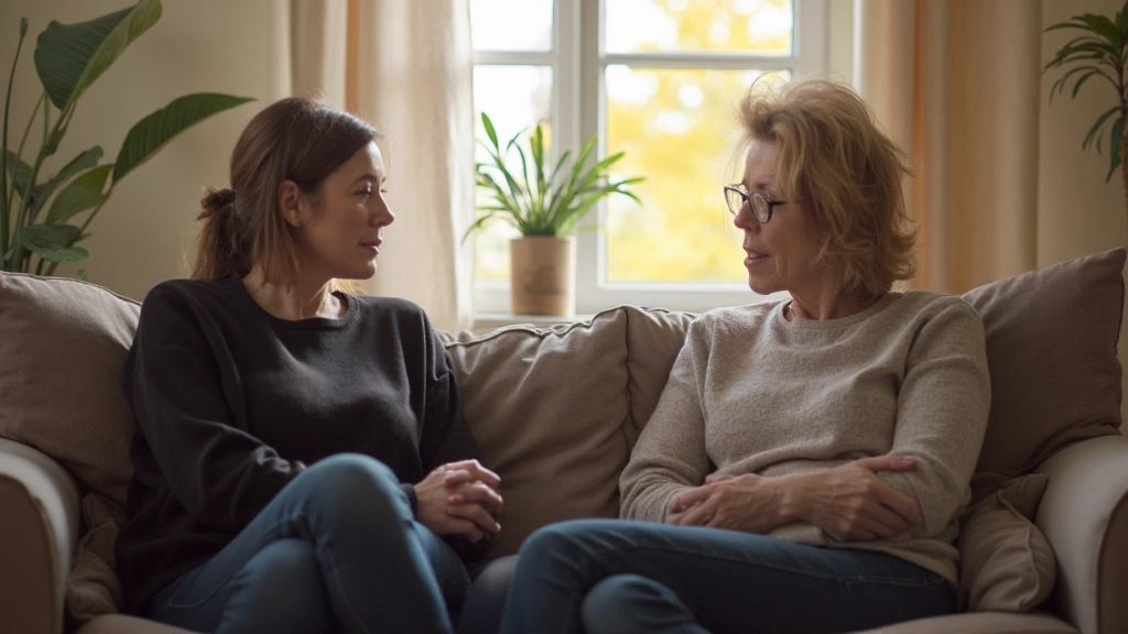 Twee personen in gesprek zittend op een bank met ontspannen houding en open lichaamstaal